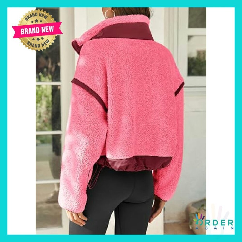 Cropped Zip Up Fleece Jacket Stand Collar Sherpa Teddy Outerwear Chic Winter - Picture 5 of 6